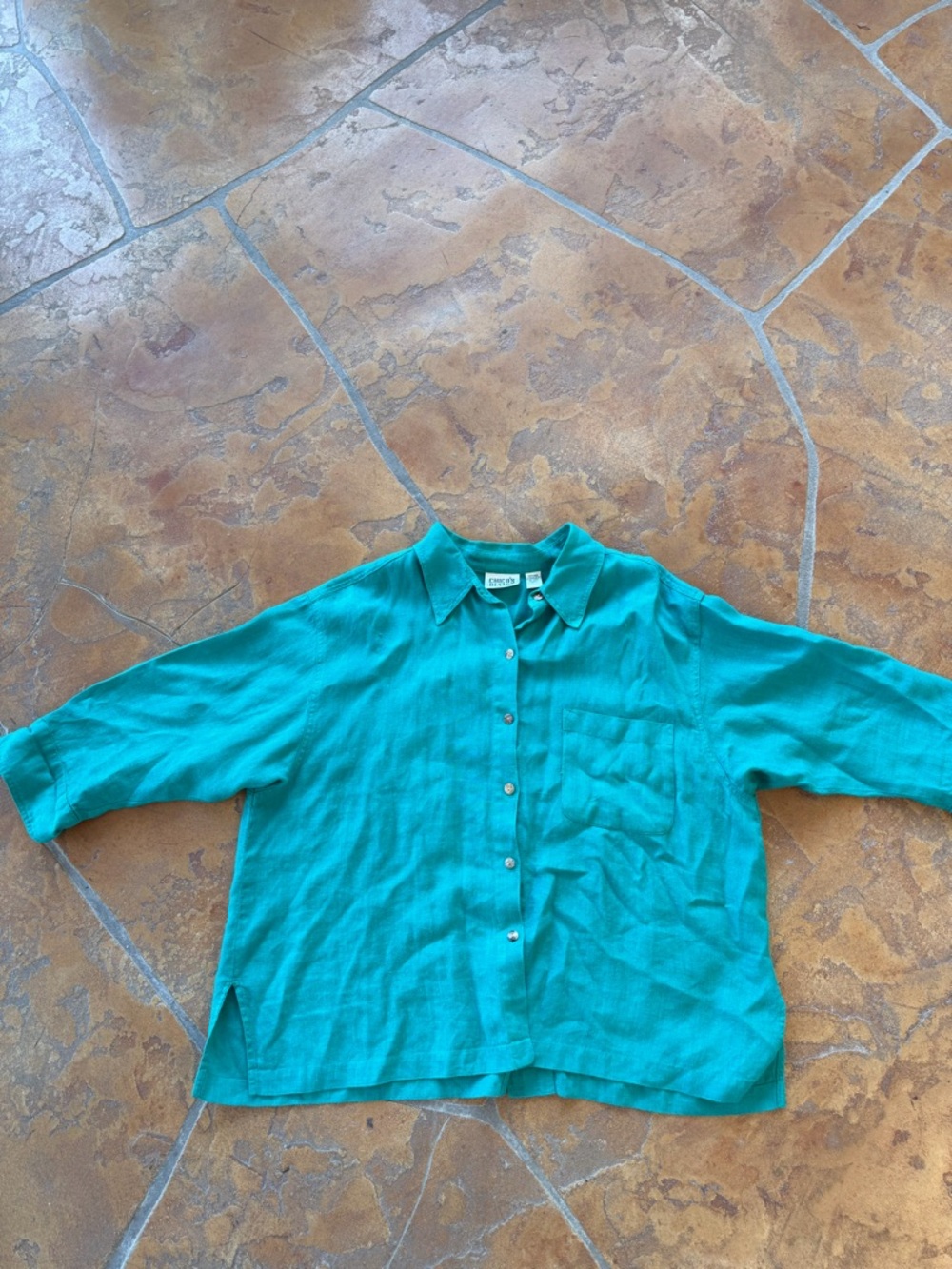 Chico's Design Teal 100% Linen Collared Button-Up 3/4 Sleeve Top Women's Size 3